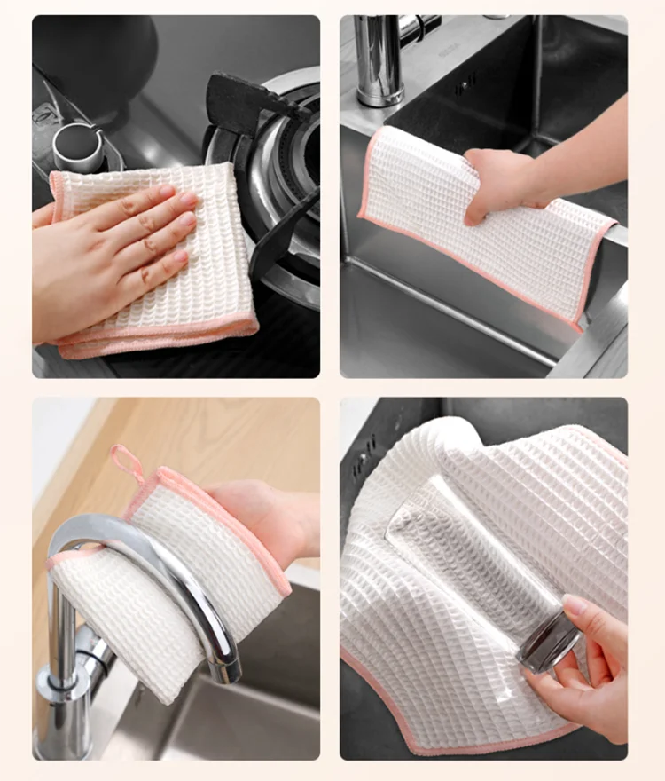 3PCS Bambus Faser Geschirr Handtuch Nicht-stick Öl Waffel Weiche Küche Reinigung Tuch Starke Absorbieren Scheuer Pad Waben wischt Lappen – Detail 3