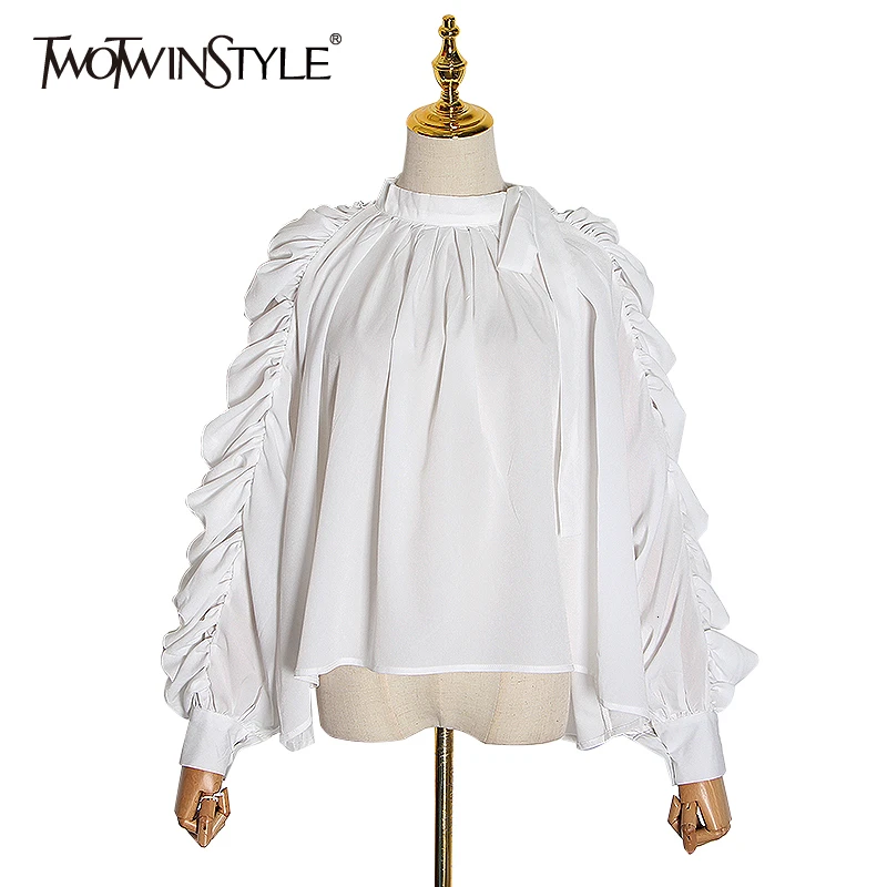 TWOTWINSTYLE Casual Ruched Blouses For Female Bow Collar Lantern Long Sleeve Lace Up Women's Shirts Fashion Clothing Tide