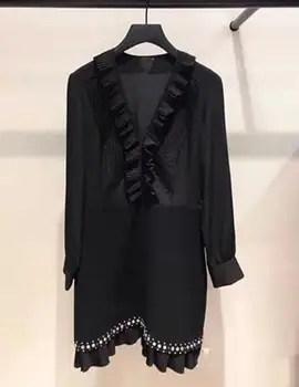

Women Dress 2019 Fall Winter New Women's Pleated Ruffled Studded Dress