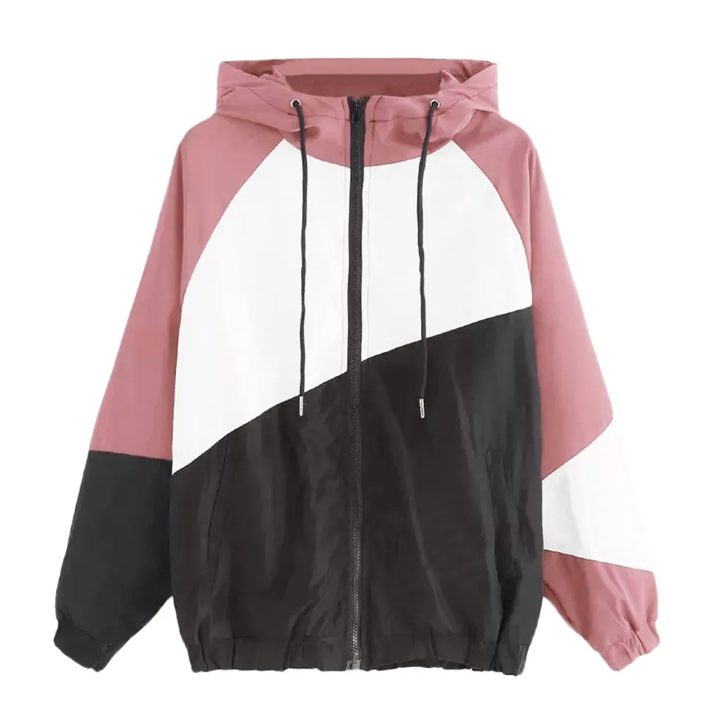 Лоскутная тонкая облегающая куртка с капюшоном Женская ветровка с длинными рукавами и карманами на молнии осеннее пальто спортивная одежда - Цвет: Розовый