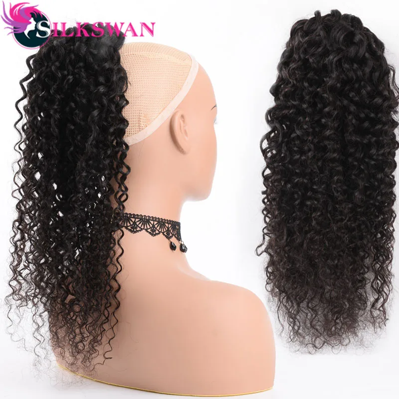 Silkswan Hair human medium ratio remy hair deep wave clip in ponytail extensions natural color adjustable drawstring