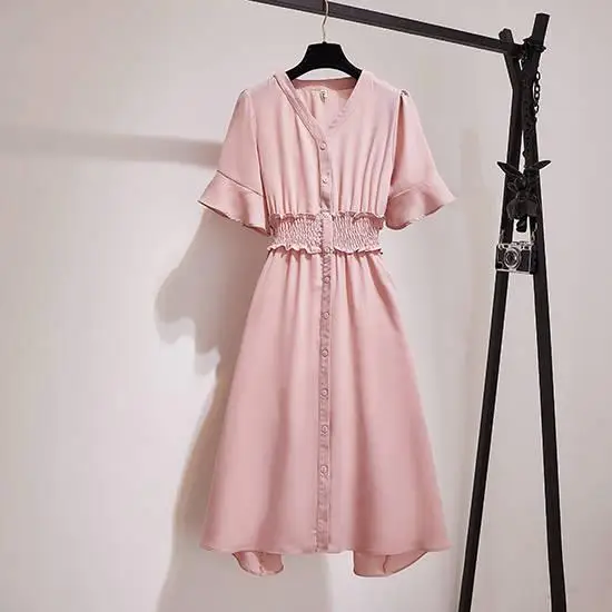 Летнее женское платье, L-5XL, короткий рукав, на каждый день, v-образный вырез, плюс размер, свободное платье, модное, повседневное, ТРАПЕЦИЕВИДНОЕ, для девушек, плюс размер, платья для вечеринок - Цвет: Pink