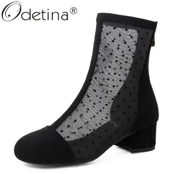 

Odetina Women Fashion Block Thick Mid Heel Air Mesh Summer Boots Faux Suede Round Toe Back Zipper Polka Dot Breathable Booties