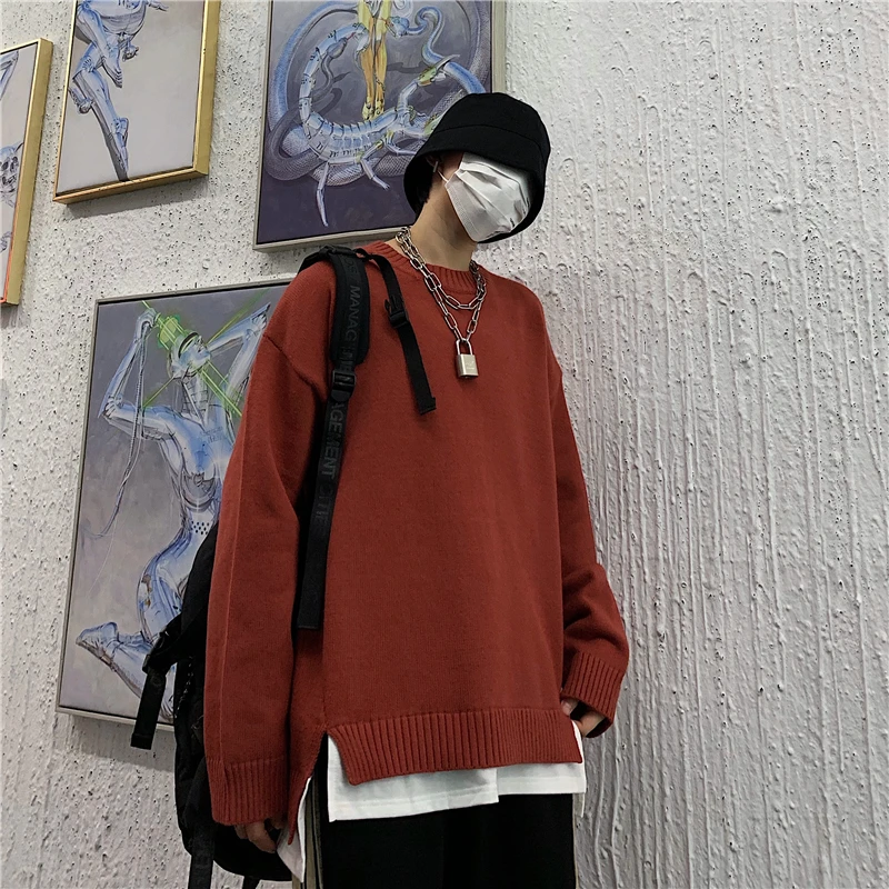 Корейский мужской свитер Харадзюку, Одноцветный, новинка, Свободный вязаный свитер, мужской свитер с круглым вырезом и длинным рукавом, свитер пуловер большого размера