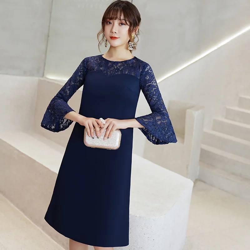 

Lace Quarter Sleeves Prom Dresses Knee Length Formal Women Evening Party Gowns Simple Spring Short Dress