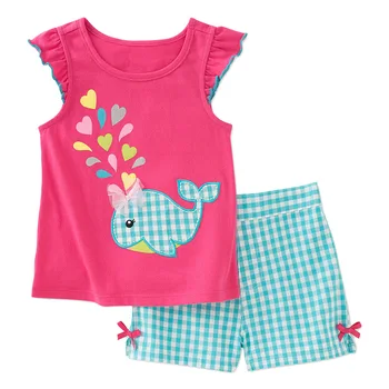 

2PCS Children Cartoon Print Whale Clothes Kids Summer Outfits Baby Girl Clothing Set Toddler Cute Print T-shirt + Plaid Shorts