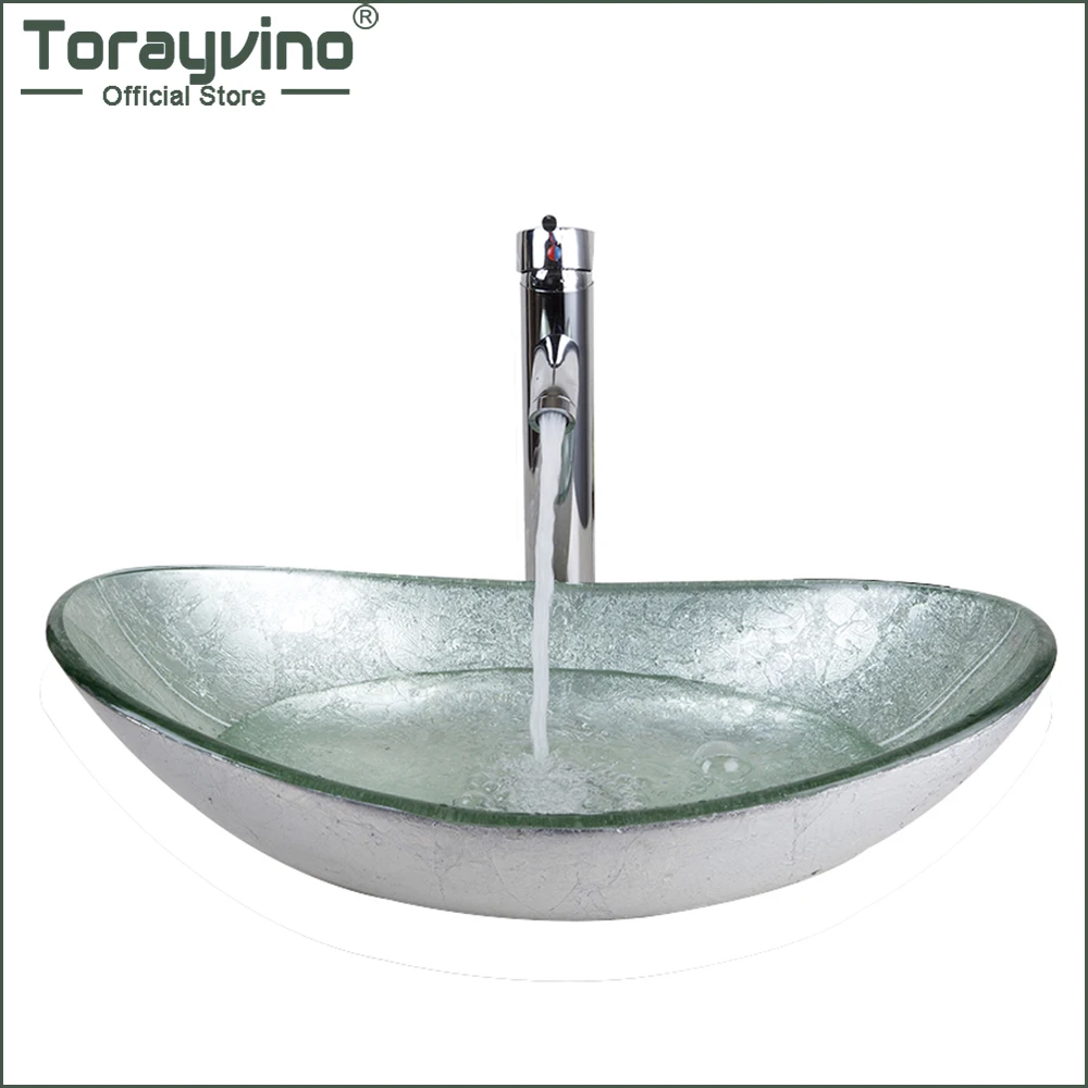 

Torayvino Bathroom Washbasin Countertop Tempered Glass Basin Sink Faucet Set Brass Faucet Washroom Vessel Vanity Bar Ship