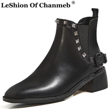 

Punk Rivets Studded Chelsea Boots Women Brown Size 39 Block Heels Square Toe Ankle Boots Women Booties Shoes Autumn Winter 2020