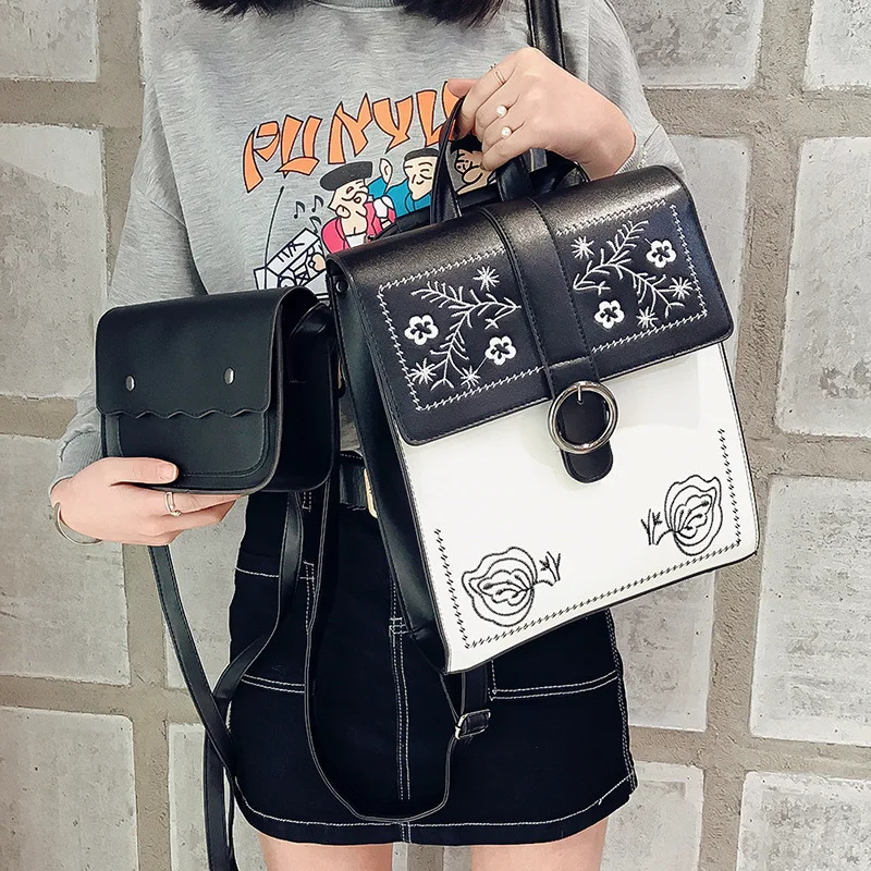 

2018 New Style Retro Two-Piece Set Backpack Women's Korean-style Versitile Fashion Casual Large-Volume WOMEN'S Backpack Embroide