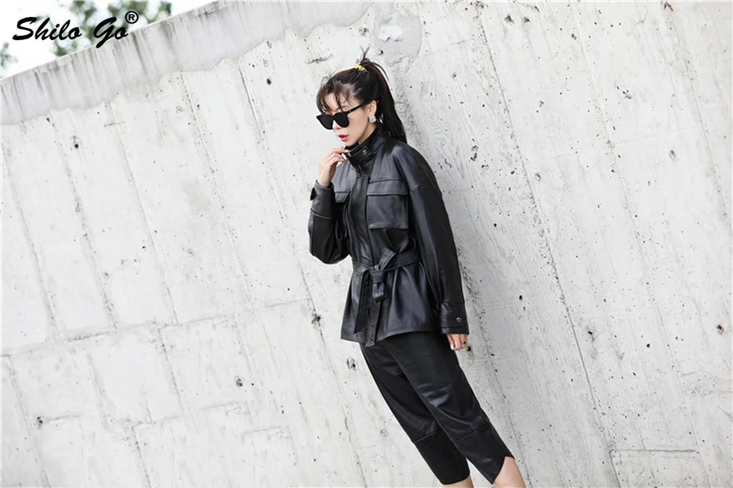Genuine Leather Jacket Highstreet Mock Neck Pocket Front Wrap Waist Sheepskin Coat Women Autumn Casual Office Lady Outwear