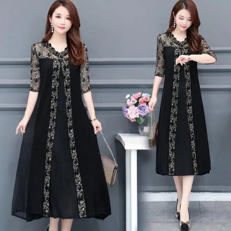 Большие размеры, женское платье, осень-весна, винтажное, Vestidos, кружевное, с принтом, черное, длинное, для вечеринок, элегантное, повседневное, макси, ropa mujer, 5XL - Цвет: Black