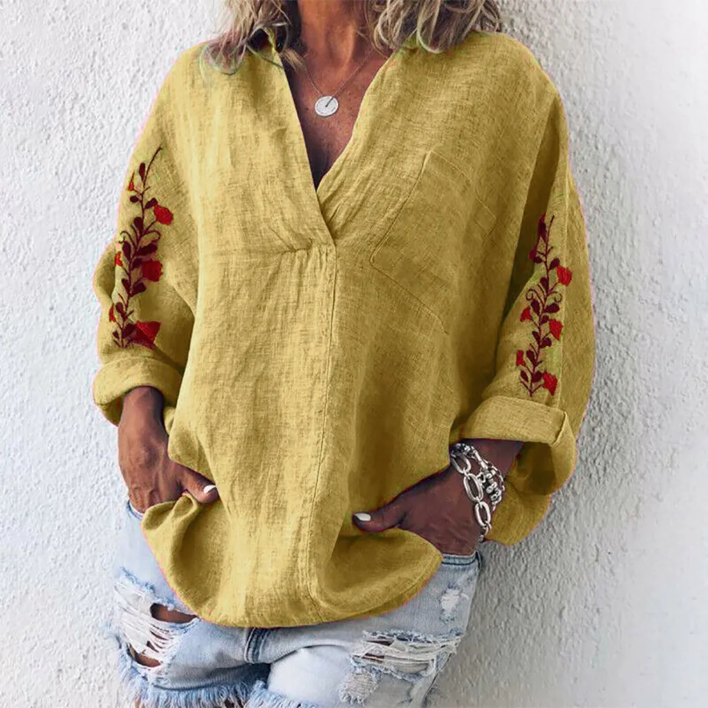 

Blouse Women Autumn Solid Color V-neck Long Sleeve Embroidery Casual Plus Size Shirt Womens Tops And Blouses Chemisier Femme