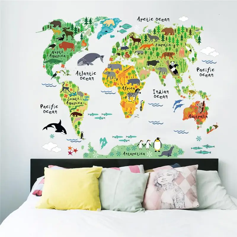 

Cartoon Animal Plants World Map Wall Sticker For Kids Room Bedroom Home Decors Diy Safari Mural Art Nursery Pvc Wall Decal