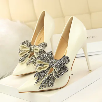 

2020 New Luxury Crystal Thin High Heels Butterfly-knot Wedding Shoes Autumn Pointed Fashion Women Pumps PU Leather Shallow Shoes