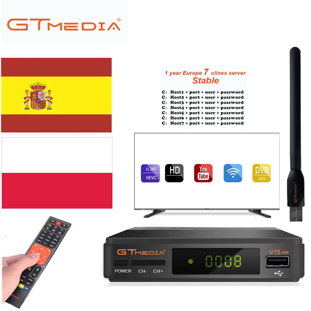 

Receptor Support FTA Spain /Poland Gtmedia V7s Hd-Decoder Satellite Hot-Sale Dvb S2 Freesat V7