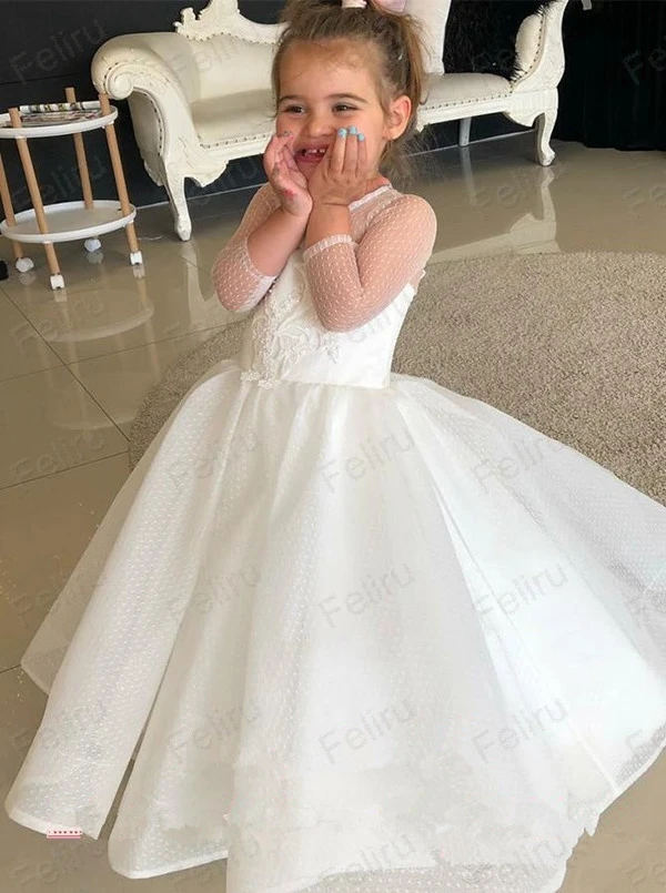 shuiyin48 (1)Princess Ball Gown 34 Sleeves Flower Girls Dresses Sheer Jewel Neck Organza Little Kids Formal Wedding Dresses Cheap Girls Pageant Dresses