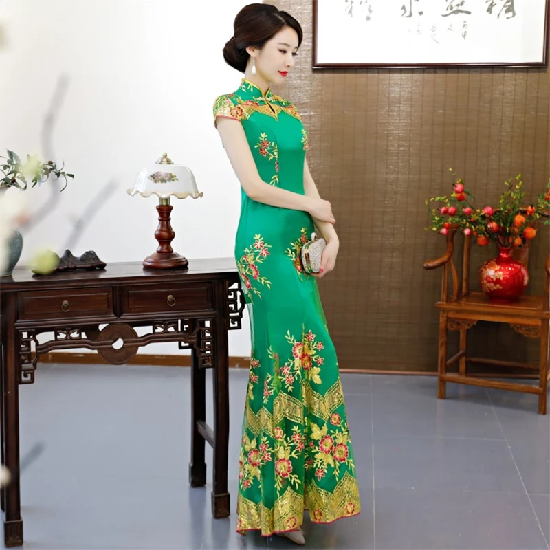 Вечерние Cheongsam Китайский традиционный стиль женское зеленое тонкое вечернее платье Qipao сексуальное Очаровательное платье ретро китайское платье