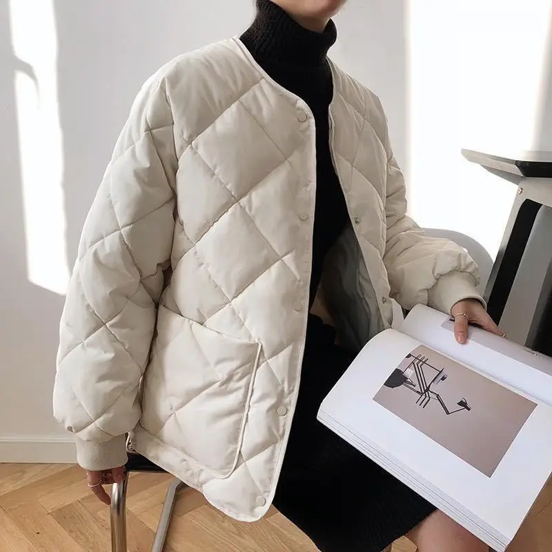 Winter Korean Version Of The Round Neck Thick Bread Coat Padded Jacket Short Coat Women Loose Solid Color Rhombus Cotton Coat