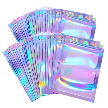

100Pcs/Set Clear Holographic Laser Seal Bags Eyelashes Package Storage Pouch Thick Reclosable Holographic Pink Zipper Packaging