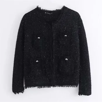 

2020 Spring Women's New Round Neck Long Sleeve Pockets Twill Tweed Coat Tassel Small Fragrance coat