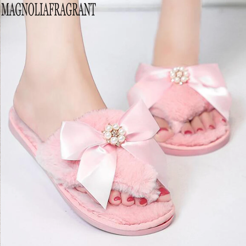 

new Shoes Flip flops Women pearl Anti-Slip Sandals Slipper Indoor fashion casual Plush shoes women With Bow-knot slippers hy183
