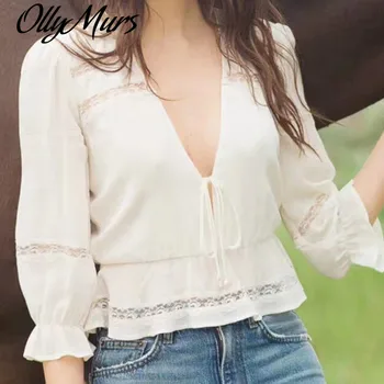 

2020 New Women V-neck White Blouse Three Quarter Sleeve Lace Patchwork Hollow Out Sweet Slim Waist Lace-up Shirt And Top
