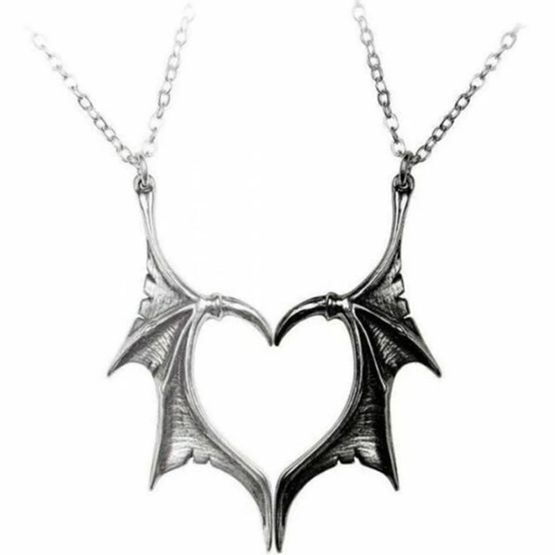 Punk Wing Pendant Necklace Heart Double Color for Couple Vinatge Fashion Devil Lovers Boho Jewelry | Украшения и аксессуары