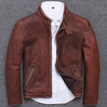 

Retro Genuine Leather Jacket Men Autumn Motorcycle Leather Coat 100% Real Cow Leather Jackets Slim Vintage 2020 S681 KJ3210