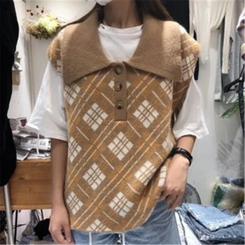 

Diamond England Style Knit Vest Women Casual Loose Laple Buttons Decoration Sweater Sleeveless For Female Pull Waistcoats