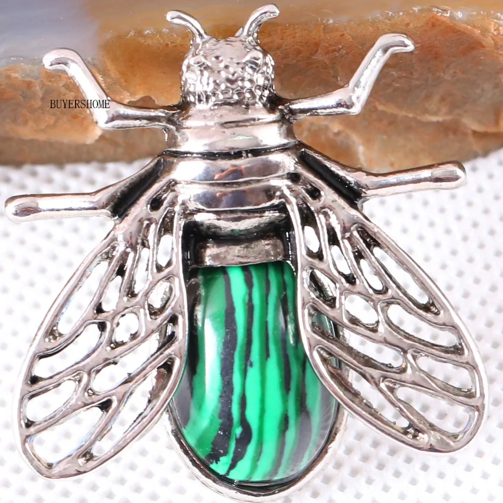 1Pcs Silver Cicada Brooch Natural Stone Pendant Howlite Rhodonite Carnelian Onyx Bead for Men Women DIY Jewelry Making