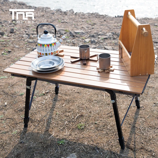 Mesa plegable telescópica para acampar al aire libre, escritorio de  aleación de aluminio, grano de madera, jardín, Picnic, barbacoa, mesa de  viaje de conducción automática - AliExpress