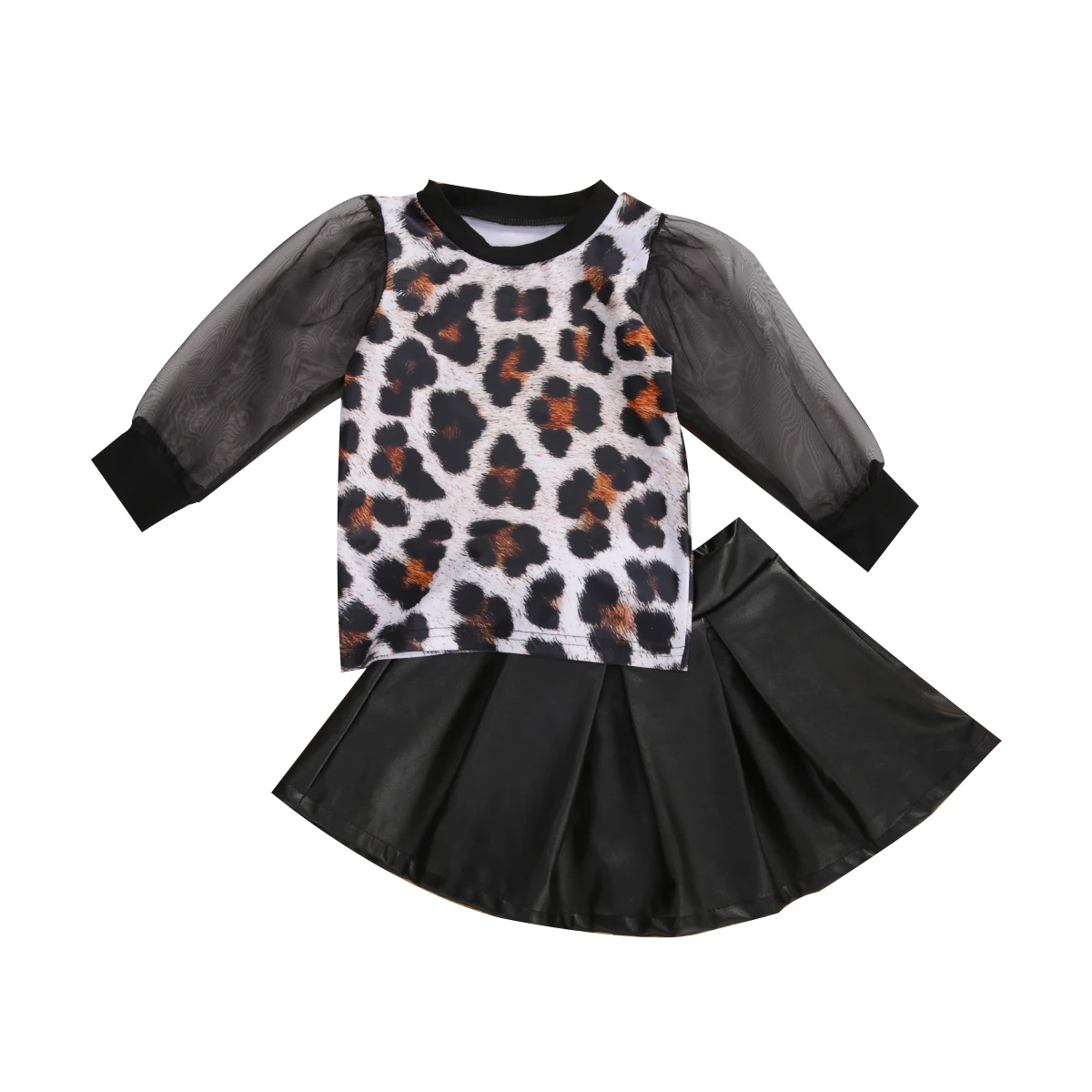

BY Girls Clothing Two Piece Suit Fashion Leopard Mesh Puff Sleeve Top and A-line Leather Skirt Newborn Girl Outfit Girl