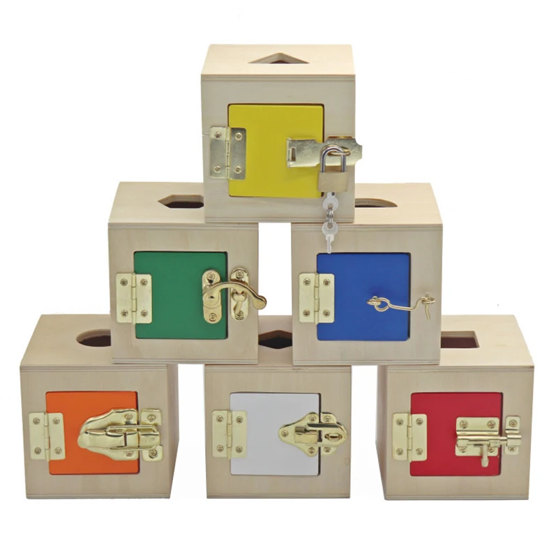 

Montessori Daily Life Multifunctional Learning 6 Unlock Box Exercises Toys Practical Training Wooden Toys Metal Lock Education