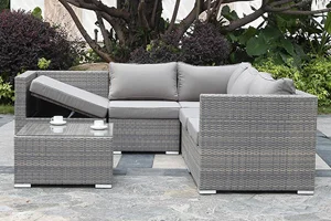 Conjunto de sofás de rattan cinza para jardim e pátio