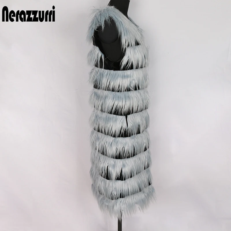 Black and gray Nerazzurri осень зима многоцветный жилет из искусственного меха для женщин пушистое меховое поддельные монгольские Овцы меховой жилет полосатый Красочный безрукавка женская жилет осень большие размеры меховая жилетка - Цвет: Black and gray