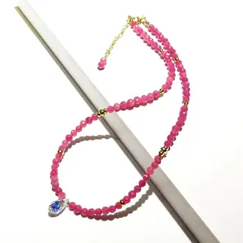 

Lii Ji Pink Purple Ruby Natural Stone 4mm With Austrian Crystal Drop Beads Necklace American 14K Gold Filled Necklace 38+4cm