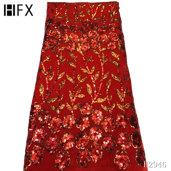 

HFX High Quality African Sequence Lace Fabric 2019 Luxury Glitter Sequins Lace Fabrics Nigerian Red Lace Fabric F2946