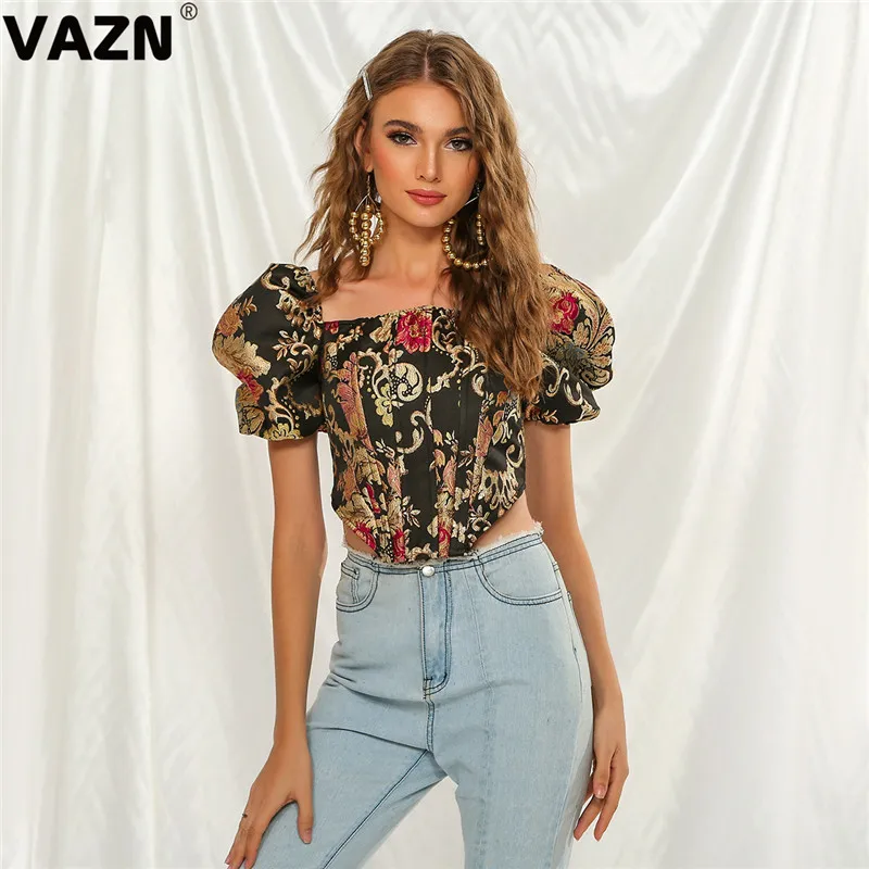 VAZN, хит, винтажный принт, ассиметричная, открытая, сексуальная, Клубная, открытая, модная, без бретелек, короткий рукав, для женщин, тонкая, короткая, Тройка