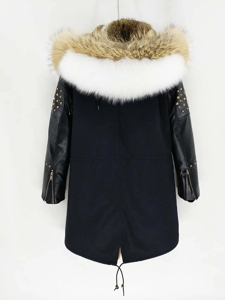 Зимняя куртка натуральный Лисий меховой капюшон, воротник пальто Женская длинная парка с заклепками овечья кожа рукав Верхняя одежда Съемная