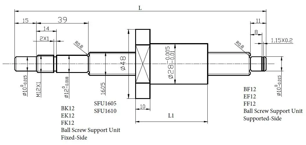 Ball Screw SFU1605 L600/L250/L400/L300mm With Single Ballnut Machine for CNC 