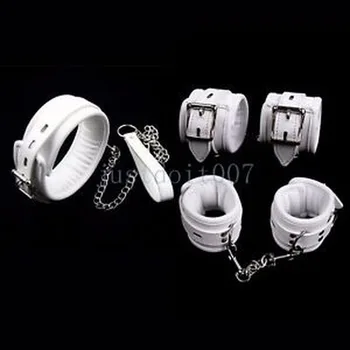 

White Leather Handcuffs Ankle Hand Cuffs Restraints Neck Collar With Chain Leash Toy BGSM