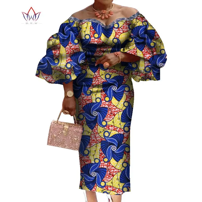 

Bazin Riche African Ruffles Sleeve Dresses for Women Dashiki Print Off Shoulder Dresses Vestidos Women African Clothing WY7829