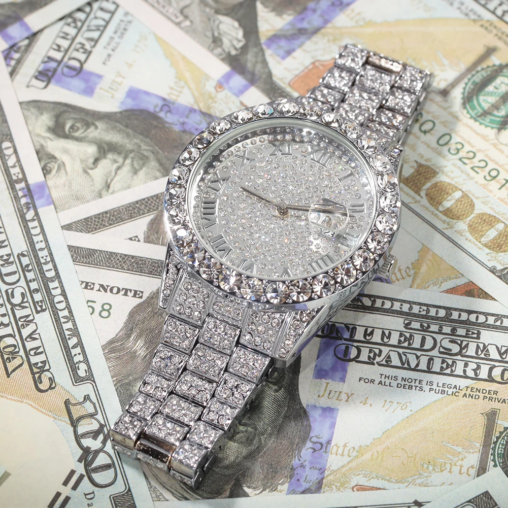 Uwin большой циферблат Полный Iced Out мужские часы нержавеющая сталь модные роскошные стразы кварцевые наручные часы бизнес часы