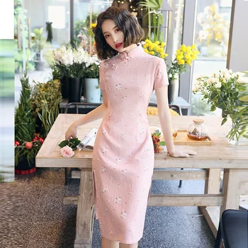 

Spring Short Cheongsam Knee Length Chinese Style Traditional Womens Evening Qipao Oriental Button Party Dress Vestido M - 3XL