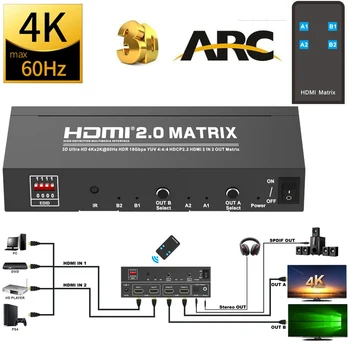 

4K 60HZ 2x2 HDMI Matrix Switch 2 In 2 Out Monitors Splitter Video Converter 3D EDID ARC HDR SPDIF Audio Extractor DVD PC To TV