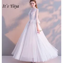 Это Yiya элегантное вечернее платье плюс размер трапециевидной формы женские вечерние платья рукав-раструб белый Принт платье с аппликацией De Soiree E903