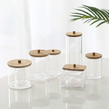 

Cosmetic Cotton Swab Storage Transparent Bamboo Cover Boxs Kitchen Seasoning Box Desktop Finishing Makeup Organizer Box Storage