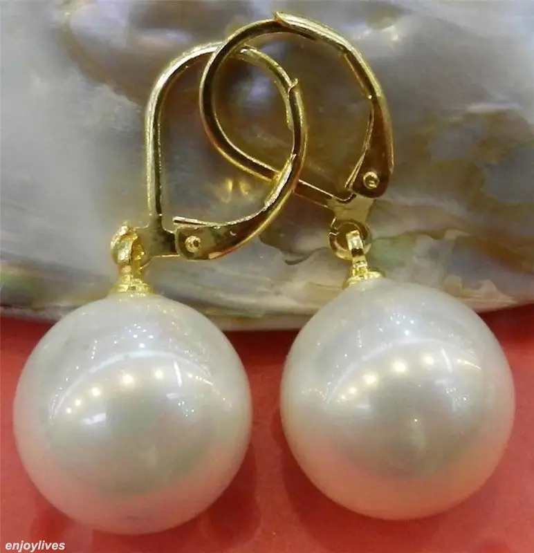 Hot sale new Style &gt&gt&gt&gtTop 14mm White South Sea Shell Pearl Round Beads Dangle 18KGP Hook Earrings | Украшения и