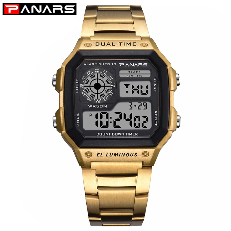 

PANARS Gold Digital Watches Men Business Square Retro Waterproof Count Down Timer Digital Led Stopwatch Clock Watch Shock