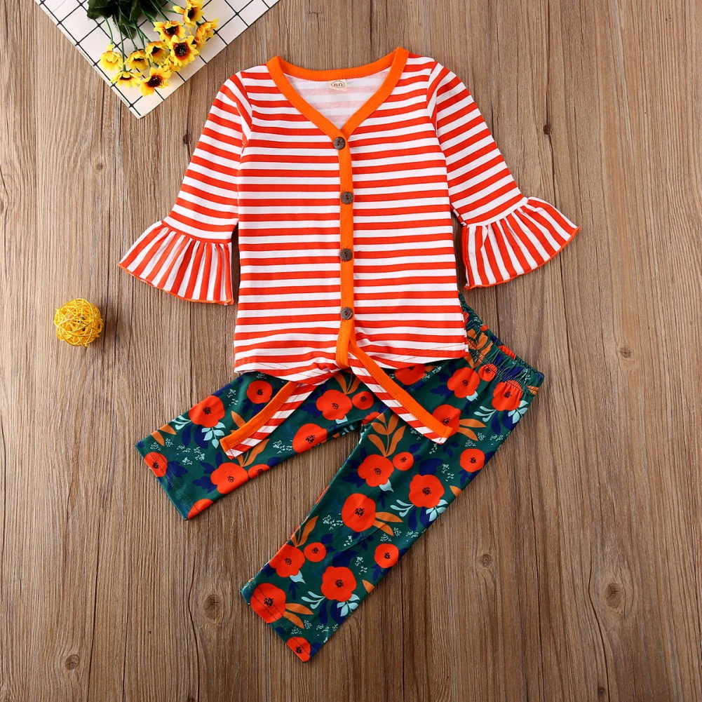 Одежда из 2 предметов для маленьких девочек 1-4 лет, топы в полоску, леггинсы с цветочным принтом, штаны, комплект одежды